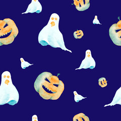 Seamless pattern with pumpkins and ghosts. Watercolor Halloween pattern on a blue background