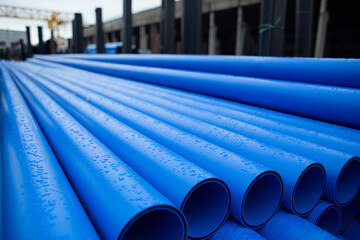 Plastic pipe is stockpiled for storage in the open air