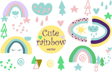 vector set of cute hand drawn rainbow, cloud, christmas tree, sun, star, heart for use in design, interior, illustration for postcard, textile, banner, fashion print, art