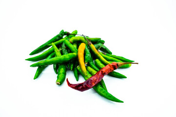 Close Up View of Fresh Red Green Chili Peppers On Isolated White Background. Creative image of hot raw green red chilli in food vegetable pattern with noise grain effect. Chile At Copy Space For Text.