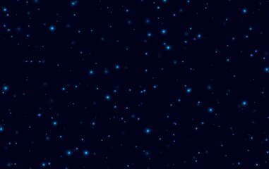 Naklejka na ściany i meble Blue sparkles on a dark blue background, fireflies flying in the night. Abstract lightning bugs in the evening sky. Glowing stardust light effect. Vector backdrop.