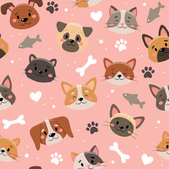 Cute pets pattern, different cats and dogs