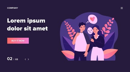 Depressed girl holding positive mask on stick during date. Young woman covering unhappy face flat vector illustration. Emotion and disguise concept for banner, website design or landing web page