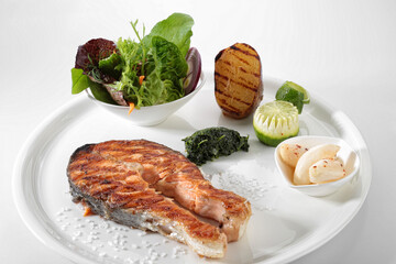 grilled salmon white background gourmet