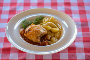 Macaroni pasta with bolognese sauce and parmesan cheese with a piece of meat on a white plate isolated.
