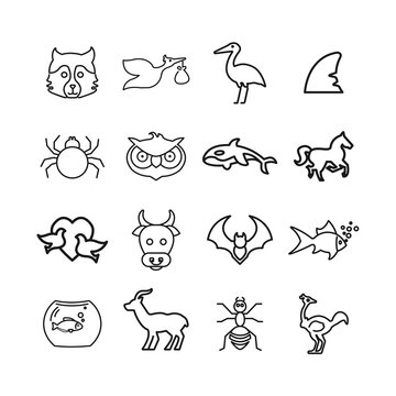 Animals line icon set. with birds and sea animals