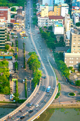 High view of Saigon from top of  sky deck panoramic view point development of the country in downtown Ho Chi Minh City, Vietnam