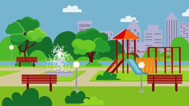 Children's playground in a city public park. Playground with a  swing,  sledge, sand box, sandpit, bench, tree, slide. Vector animation in flat style.
City Park in Summer with Kid Playground. 
