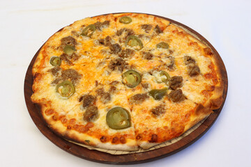 jalapeno beef pizza white background