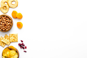 Fast food snacks collection - nuts and dried fruits top view
