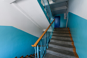 Russia, Moscow- February 15, 2020: interior public place, house entrance. doors, walls, staircase corridors. stairs, steps
