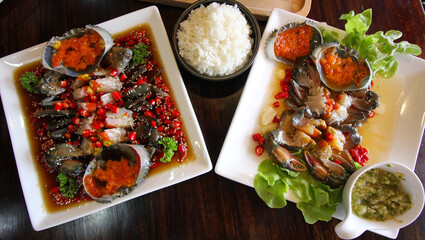 Crab, pickled eggs, fish sauce and lots of red chilies