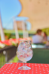 Cold refreshing summer beverage. Seasonal drink, alcohol cocktail. Banner with copy space.