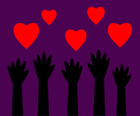 People's hands are raised up. Crowd. Vector illustration.