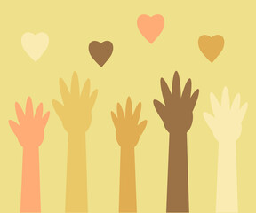 People's hands are raised up. Crowd. Vector illustration.