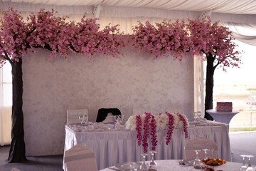 living room with festive meals. restaurant arranged for the event