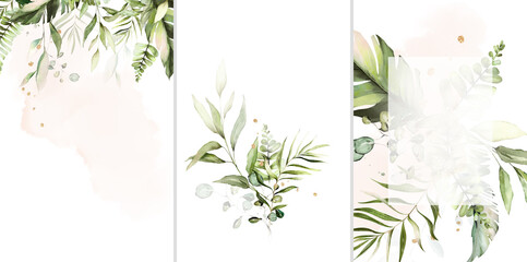 Ready to use Card. Herbal Watercolor invitation design with leaves. tropical watercolor background.  botanic illustration. Template for wedding.   frame