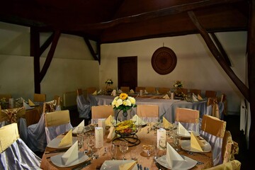 living room with festive meals. restaurant arranged for the event