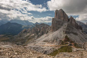 Averau, the highest mountain of Nuvolau group as seen from the Nuvalau refuge, Alta Via 1 trek, Cortina d'Ampezzo, Belluno province, Dolomites, South Tirol, Italy.