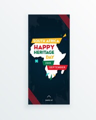 Happy South Africa Heritage Day - 24 September - social media story template with the South African flag colors and African continent on dark background. Celebrating African culture