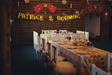 living room with festive meals. restaurant arranged for the event