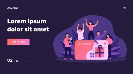 Customers getting gift card. Cheerful people happy about discount card, coupon or voucher. Vector illustration for sale, loyalty program, bonus, promotion concept