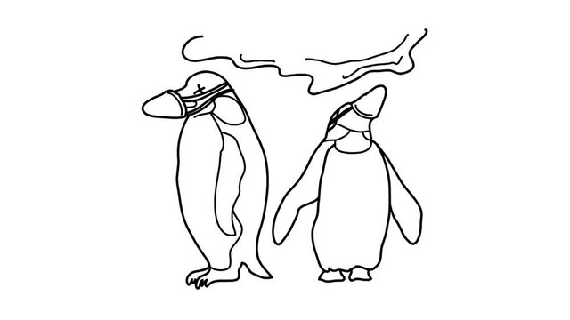 Sick penguins in polluted air wearing facemasks whiteboard animation HD footage