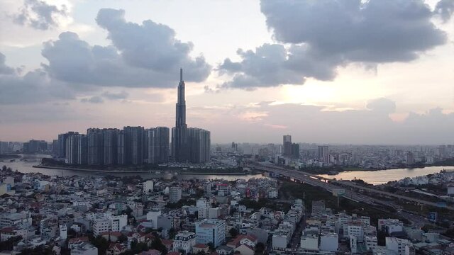 Aerial footage of Landmark 81 and Ho Chi Minh City downtown