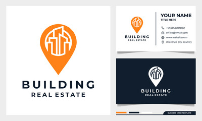 City building pin logo design, architecture or construction design and business card template