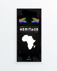 Happy Heritage Day - 24 September - social media story template with the South African flags and African continent on dark background. Celebrating African culture and spreading the information