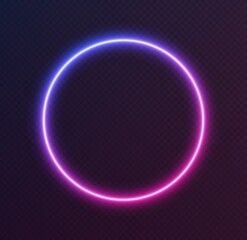 Gradient neon circle, blue-pink glowing border isolated on a dark background. Colorful night banner, vector light effect. Bright illuminated shape.