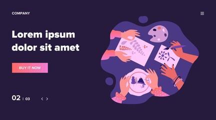 Diverse kids creating craftworks. Hands of children painting, scrapbooking, embroidering. Vector illustration for creative craft art, handmade work, workshop concept