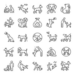 Dog walking, icon set. Dog on a leash with the owner, linear icons. Clean up after your dog. Playing with a pet. Line with editable stroke