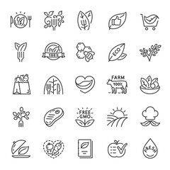 Eco food, icon set. Organic natural product, linear icons. Line with editable stroke