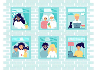 House facade with windows. Home office during coronavirus outbreak concept. Families, couples, young and old people look out of the windows. Vector illustration in flat style. Stay at home.