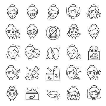 Facial skin care, icon set. The woman applies products for healthy skin, linear icons. Gram, mask, cosmetics for young elastic skin. Line with editable stroke