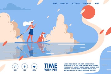 Vector landing page design template girl and dog riding sup surfing board. Concept banner good for pets web sites and recreation schools