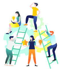 Flat illustration. Group of people. Teamwork. Men and women solve problems. Illustrations for business. Illustrations for infographics.
