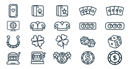 Obraz na płótnie Canvas casino background line icon set with casino slot, dices, playing card, joker cap