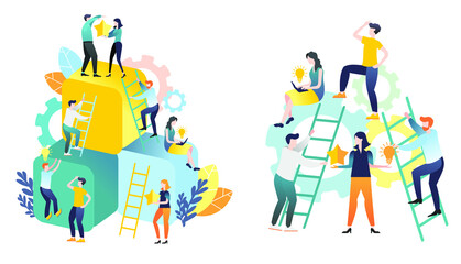Fototapeta na wymiar Flat illustration. Group of people. Teamwork. Men and women solve problems. Illustrations for business. Illustrations for infographics.
