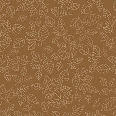 Line drawn light beige branches with leaf and berries on dark gold background. Seamless autumn floral pattern. Suitable for textile, wrapping.