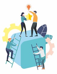 Flat illustration. A group of people goes to the goal. Achieving goal. Way up. Teamwork. Business. Achieving success.