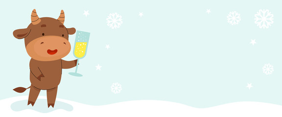Cute Christmas bull with a glass of champagne.Template for Christmas banner design for website, social networks, advertising, postcards.Flat cartoon illustration on light background with snowflakes