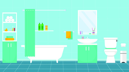Naklejka na ściany i meble Modern interior of bathroom and toilet with furniture. Home Interior Objects - bath, square mirror, toilet, sink, shower, tub. Vector illustration in flat design style. 