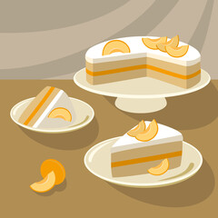 Apricot pie with a layer of jam and fresh fruit pieces of outlines. Monochrome food dessert still life in yellow orange colors. Vector illustration flat style