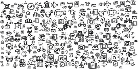 Set of Hand draw Tourism day Doodle backgrounds. Objects from a World Travel.
