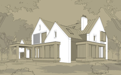 3d rendering of modern cozy clinker house on the ponds with garage and pool for sale or rent. Black line sketch with white spot and hand drawing entourage on craft background