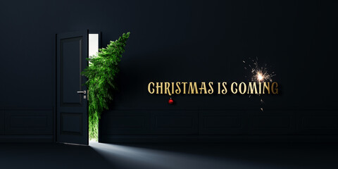 Green fir tree enters the door, Christmas is coming concept background 3D Rendering