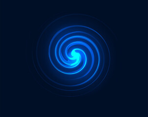 Rotation spiral abstract motion twirl glowing neon blue light illusion element, galaxy or universe power swirl energy twist, flash ball whirlpool curve dark background design