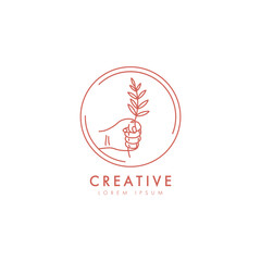 Plant in a hand icon elegant logo vector design template in trendy linear minimal style. Hand drawn style logos